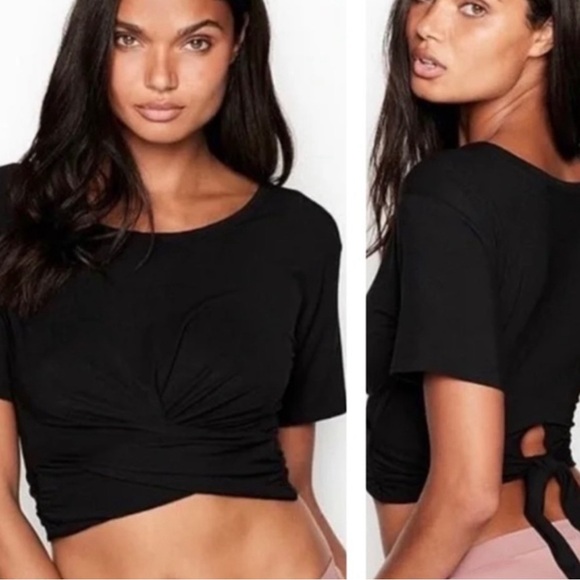 Victoria's Secret Black Heavenly Front Twist Back Tie Crop Tee Top Size XS - Picture 3 of 8